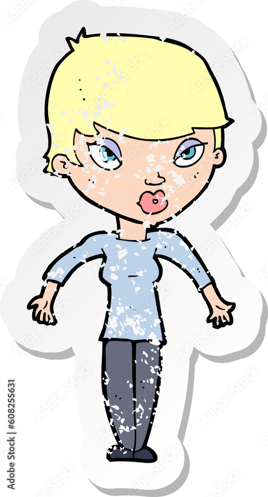 retro distressed sticker of a cartoon woman shrugging shoulders retro distressed sticker of a cartoon woman shrugging shoulders