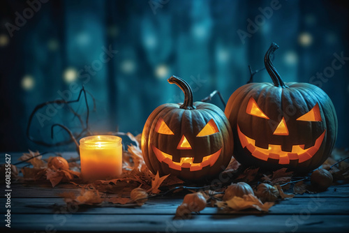 Halloween pumpkins with candle. Generative Ai.