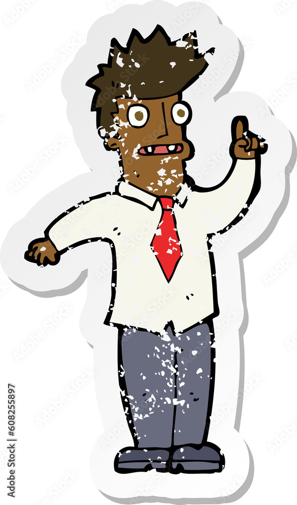 retro distressed sticker of a cartoon man with idea retro distressed sticker of a cartoon man with idea