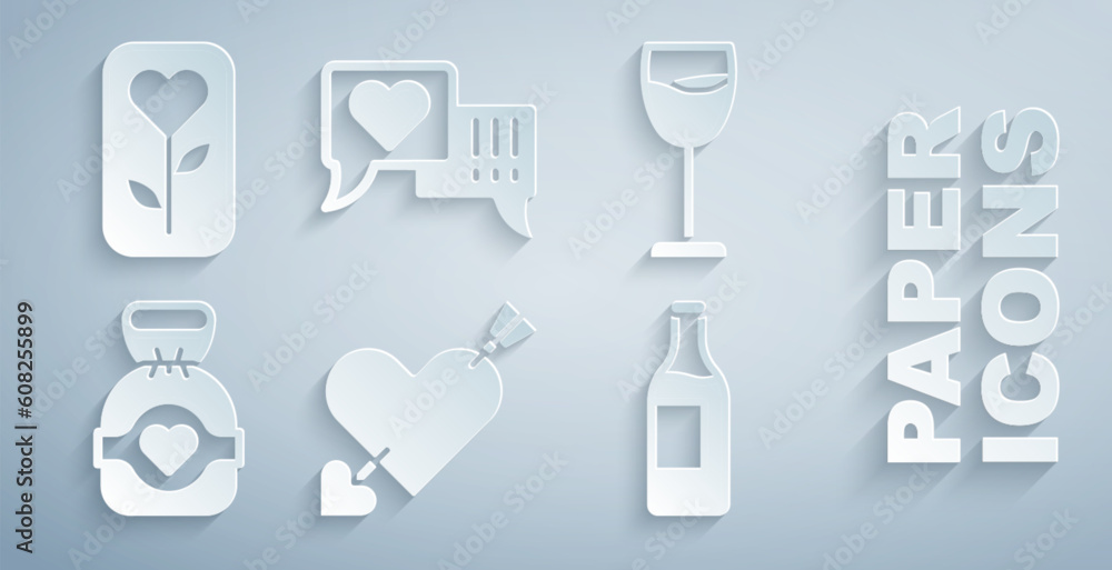 Set Amour with heart and arrow, Wine glass, Chocolate candy, bottle, Heart speech bubble and Flower rose icon. Vector Set Amour with heart and arrow, Wine glass, Chocolate candy, bottle, Heart speech bubble and Flower rose icon. Vector