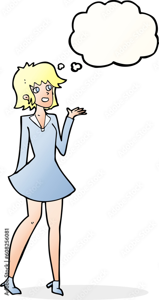 cartoon pretty woman in dress with thought bubble cartoon pretty woman in dress with thought bubble