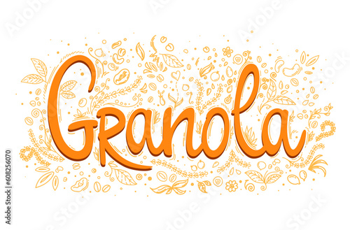 Granola oatmeal food label, cereal muesli food or oat breakfast package vector emblem. Granola label with doodle line wheat, nuts and leaves on background for organic healthy meal or grain granola