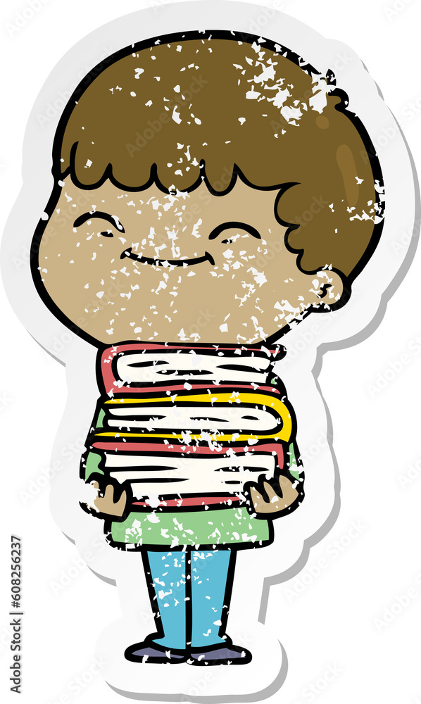 distressed sticker of a cartoon happy boy with books distressed sticker of a cartoon happy boy with books