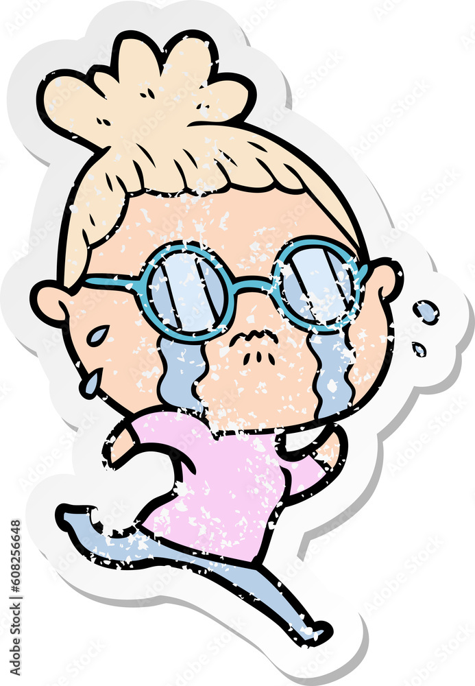 distressed sticker of a cartoon crying woman wearing spectacles