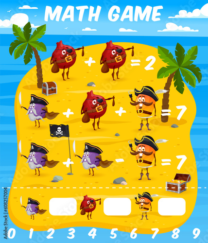 Math game worksheet. Cartoon mango, plum and pomegranate pirates on island. Kids math riddle, vector puzzle or mathematical game with pomegranate, plum, mango corsairs personages on treasure island