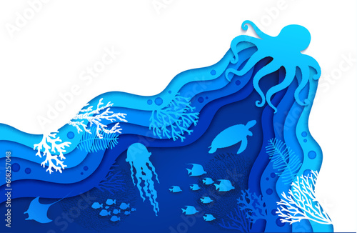 Underwater paper cut silhouette landscape, octopus and seaweeds, fish shoal and stingray in vector papercut. Undersea turtle and corals with tropical fish, turtle and jellyfish in paper cut out layers