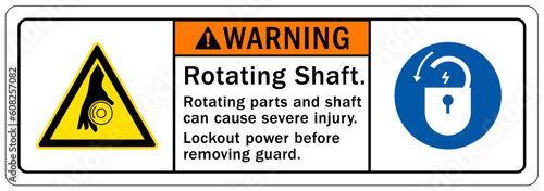 Rotating shaft hazard sign and labels rotating parts and shaft can cause severe injury.