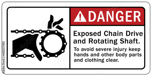 Rotating shaft hazard sign and labels exposed chain drive and rotating shaft