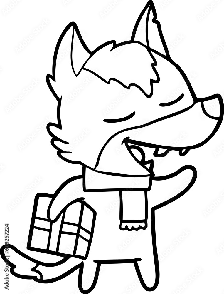 cartoon wolf with christmas present laughing cartoon wolf with christmas present laughing