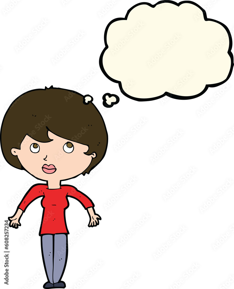 cartoon woman shrugging shoulders with thought bubble cartoon woman shrugging shoulders with thought bubble