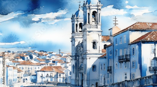 Watercolor painting sketching of Coimbra old city of Portugal Generative AI Illustration