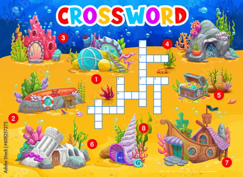 Cartoon underwater landscape with house buildings, crossword quiz game, vector grid. Kids crossword quiz worksheet with undersea world houses and dwelling shelters in coral, seashell and sunken ship