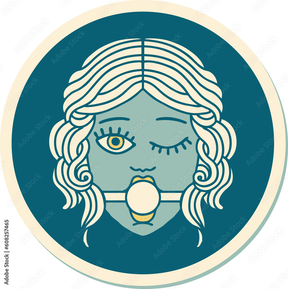 sticker of tattoo in traditional style of a winking female face wearing ball gag sticker of tattoo in traditional style of a winking female face wearing ball gag