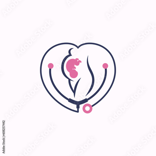 gynecology clinic mom and baby pregnancy logo design. Vector illustration mom and baby pregnancy and stethoscope. Modern logo design vector icon template