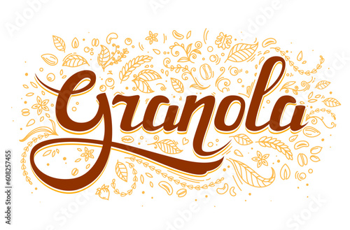 Granola cereal food label or oatmeal muesli food package, vector letters for breakfast snack. Granola background with linear wheat spikes, nuts and grain for organic healthy muesli and porridge meal