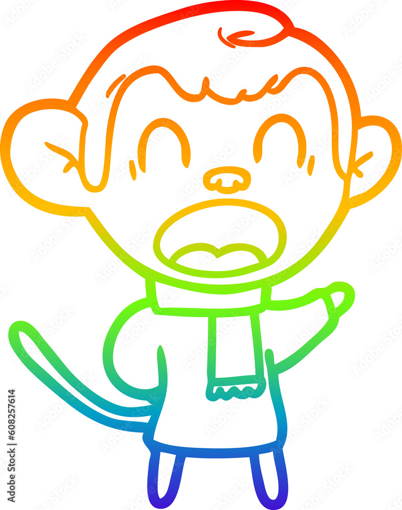 rainbow gradient line drawing of a shouting cartoon monkey wearing scarf rainbow gradient line drawing of a shouting cartoon monkey wearing scarf