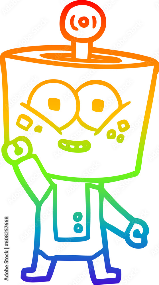 rainbow gradient line drawing of a happy cartoon robot waving hello rainbow gradient line drawing of a happy cartoon robot waving hello