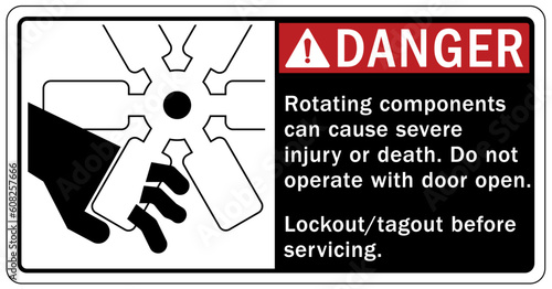 Rotating equipment hazard sign and labels rotating components can cause severe injury or death. Do no operate with door open