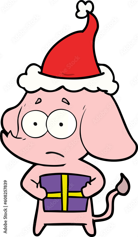 hand drawn line drawing of a unsure elephant with christmas present wearing santa hat hand drawn line drawing of a unsure elephant with christmas present wearing santa hat