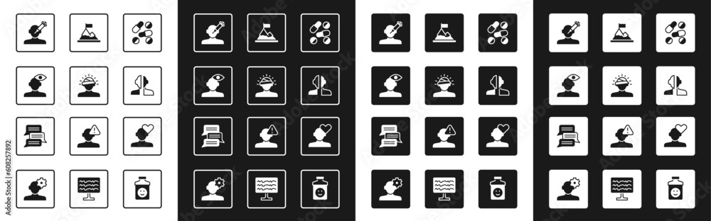 Set Medicine pill or tablet, Solution problem psychology, Addiction to the drug, Bipolar disorder, Mountains with flag top, Broken heart divorce and Online psychological counseling icon. Vector Set Medicine pill or tablet, Solution problem psychology, Addiction to the drug, Bipolar disorder, Mountains with flag top, Broken heart divorce and Online psychological counseling icon. Vector