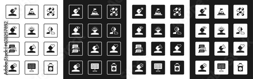 Set Medicine pill or tablet, Solution problem psychology, Addiction to the drug, Bipolar disorder, Mountains with flag top, Broken heart divorce and Online psychological counseling icon. Vector