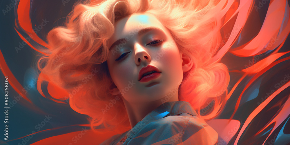 Hübsche Frau mit tollem Gesicht und Make-Up mit fantasievolle Farbexplosion und Popart, ai generativ Hübsche Frau mit tollem Gesicht und Make-Up mit fantasievolle Farbexplosion und Popart, ai generativ