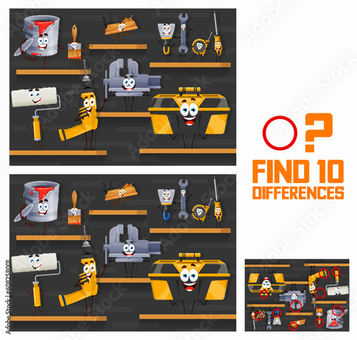 Find ten differences of cartoon repair and DIY work tool characters, vector puzzle worksheet. Kids quiz game to find ten different work tools of screwdriver, toolbox and drill with wrench and plane