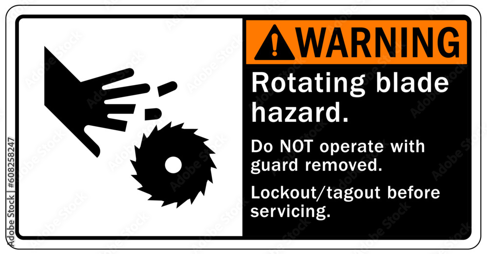 Rotating blade hazard sign and labels rotating blade hazard. Do not operate with guard removed