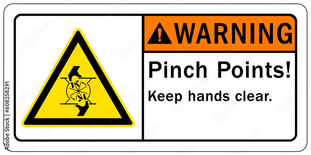Rotating blade hazard sign and labels pinch point, keep hand clear Rotating blade hazard sign and labels pinch point, keep hand clear