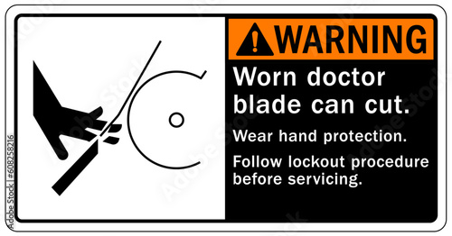 Rotating blade hazard sign and labels worn doctor blade can cut