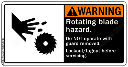 Rotating blade hazard sign and labels rotating blade hazard. Do not operate with guard removed. Lockout/tagout before servicing