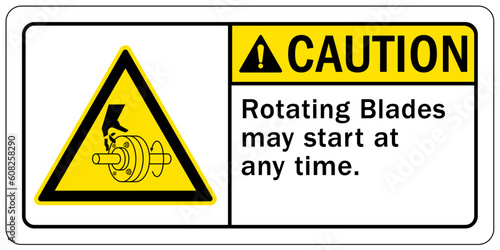 Rotating blade hazard sign and labels rotating blades may start at any time