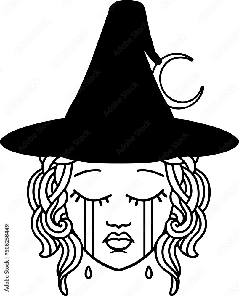 Black and White Tattoo linework Style crying human witch character Black and White Tattoo linework Style crying human witch character