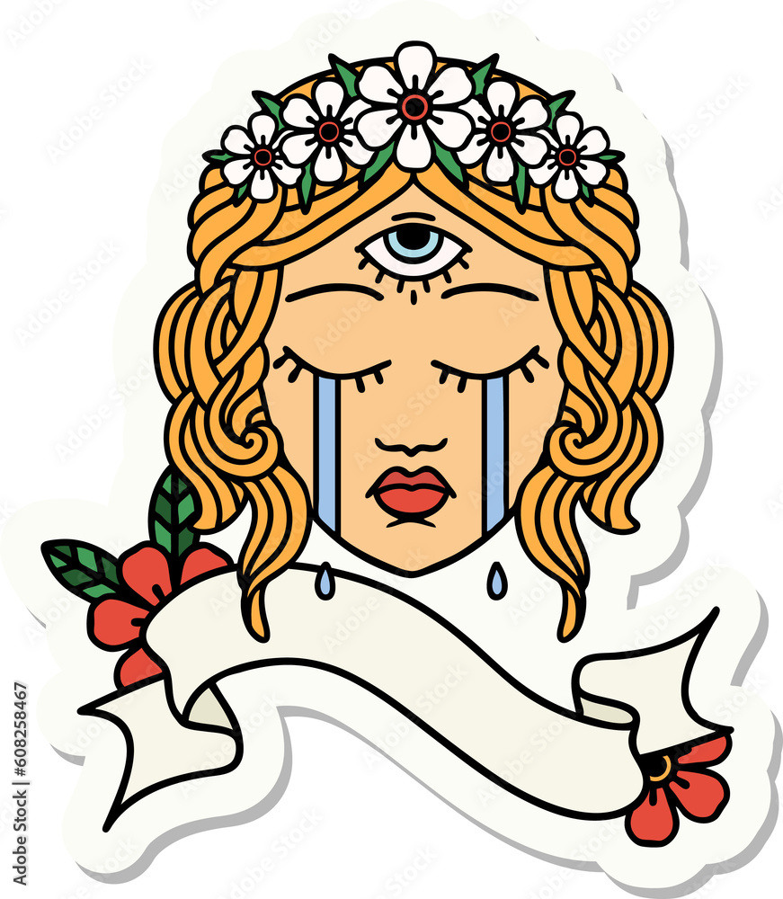 tattoo style sticker with banner of female face with mystic third eye crying tattoo style sticker with banner of female face with mystic third eye crying