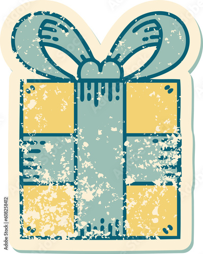 iconic distressed sticker tattoo style image of a present