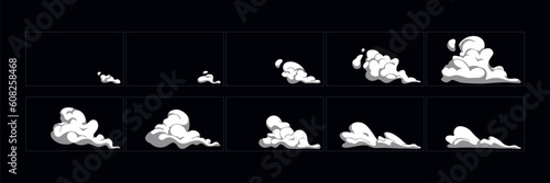 Smoke explosion animation effect. cartoon smoke animated sprite sheet frames. Flash motion boom Exploding effect storyboard vector illustration set.