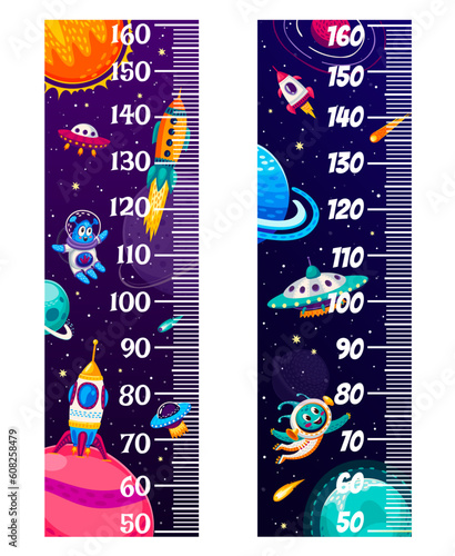 Cartoon alien in galaxy space. Kids height chart ruler with planets, spaceships and Ufo saucers, growth measure meter. Vector wall sticker scale for children height measurement with Universe cosmos