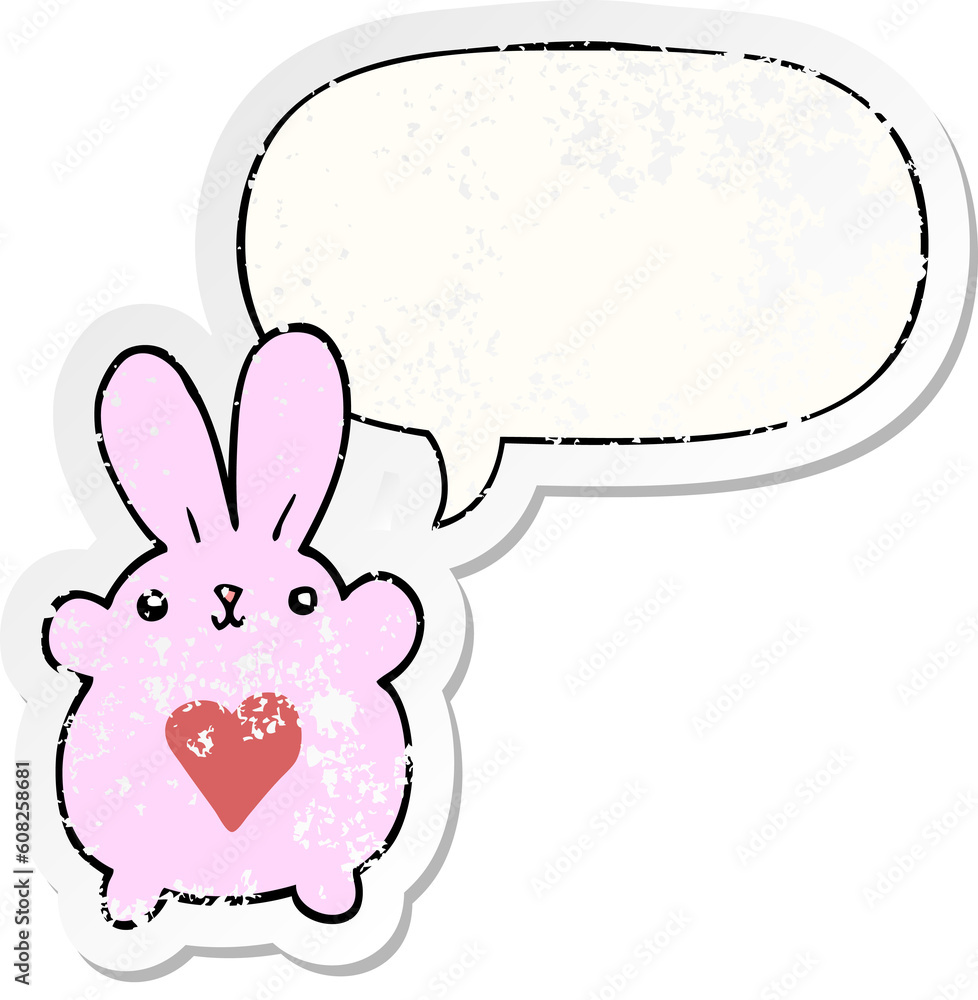 cute cartoon rabbit with love heart with speech bubble distressed distressed old sticker cute cartoon rabbit with love heart with speech bubble distressed distressed old sticker