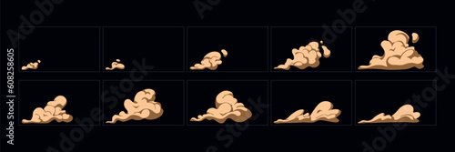 Smoke explosion animation effect. 2d cartoon smoke animated sprite sheet frames. Flash motion boom Exploding effect storyboard vector illustration set.