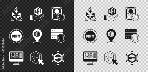 Set NFT Digital crypto art, Binary code, blockchain technology, and icon. Vector
