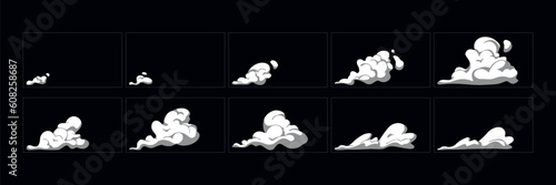 Smoke explosion animation. 2d cartoon smoke animated sprite sheet frames. Flash motion boom Exploding effect storyboard vector illustration set.