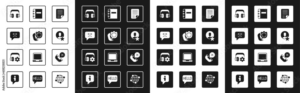 Set File document, Telephone handset with shield, Sad smile, Headphones, Elected employee, Notebook, Declined or missed call and Headphoneswith settings icon. Vector Set File document, Telephone handset with shield, Sad smile, Headphones, Elected employee, Notebook, Declined or missed call and Headphoneswith settings icon. Vector