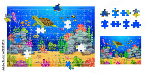 Jigsaw puzzle, underwater landscape pieces of cartoon sea animals and fish, vector seaweeds and corals. Kids jigsaw puzzle to match piece of undersea world fishes, turtle and starfish with jellyfish