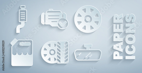 Set Car tire wheel, Alloy for car, Canister gasoline, mirror, Check engine and muffler icon. Vector