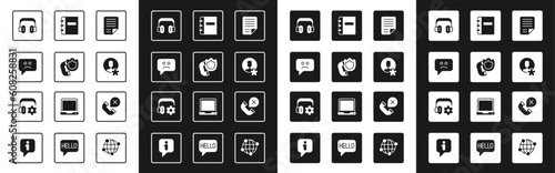 Set File document, Telephone handset with shield, Sad smile, Headphones, Elected employee, Notebook, Declined or missed call and Headphoneswith settings icon. Vector