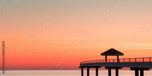 Stunning sunset by the ocean in California. People's silhouettes and lifeguard booth can be seen at the beach. © radekcho