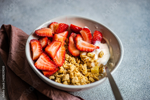 Healthy breakfast concept with strawberries, yogurt and granola