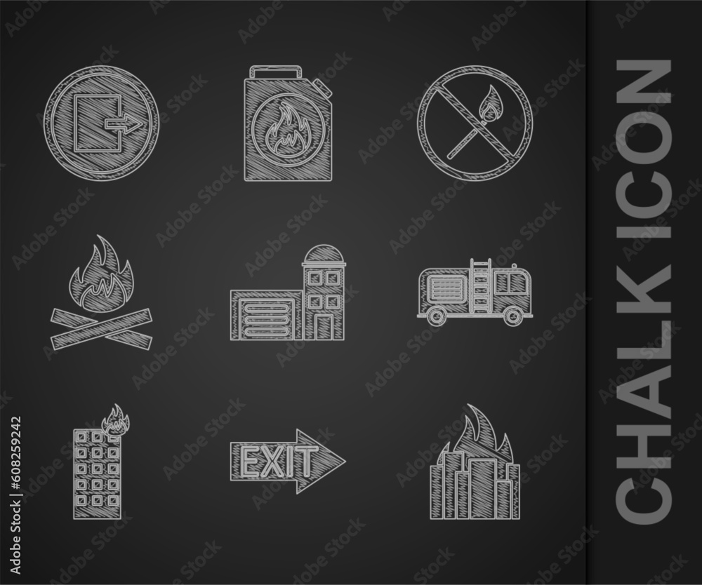 Set Building of fire station, Fire exit, burning buildings, truck, Campfire, No match and icon. Vector