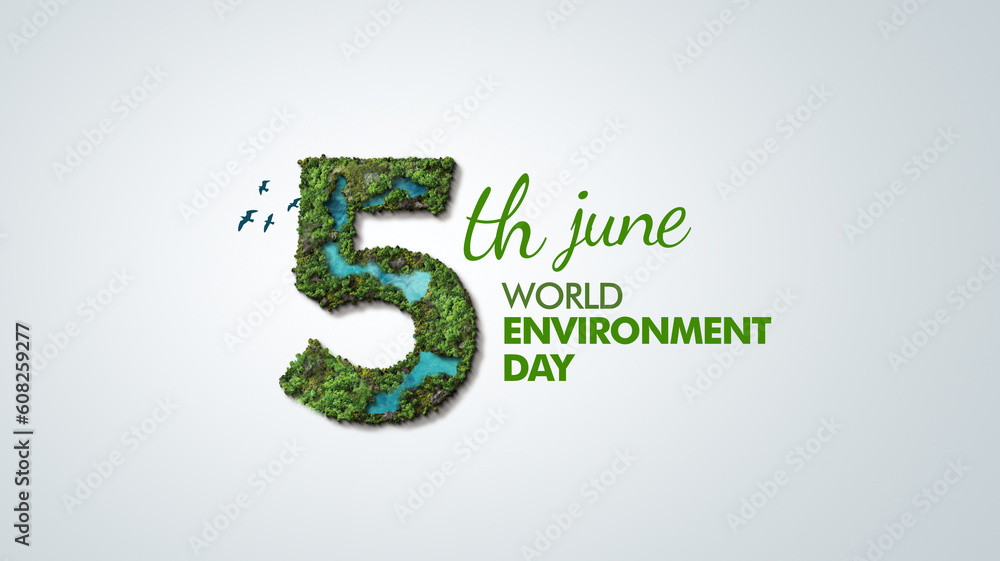 Beat plastic pollution - World Environment day 2023 concept 3d illustration design. Happy Environment day, 05 June. World map with Environment day text 3d background illustration.  - obrazy, fototapety, plakaty 