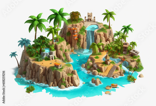 Cute little floating island with grass  palm trees  sand and sea. Generative ai 
